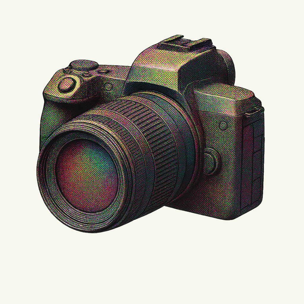 Dot Matrix illustration of a professional camera done in a CMYK color scheme.