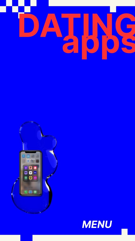 Graphic of a blue backdrop with “Dating apps” in red