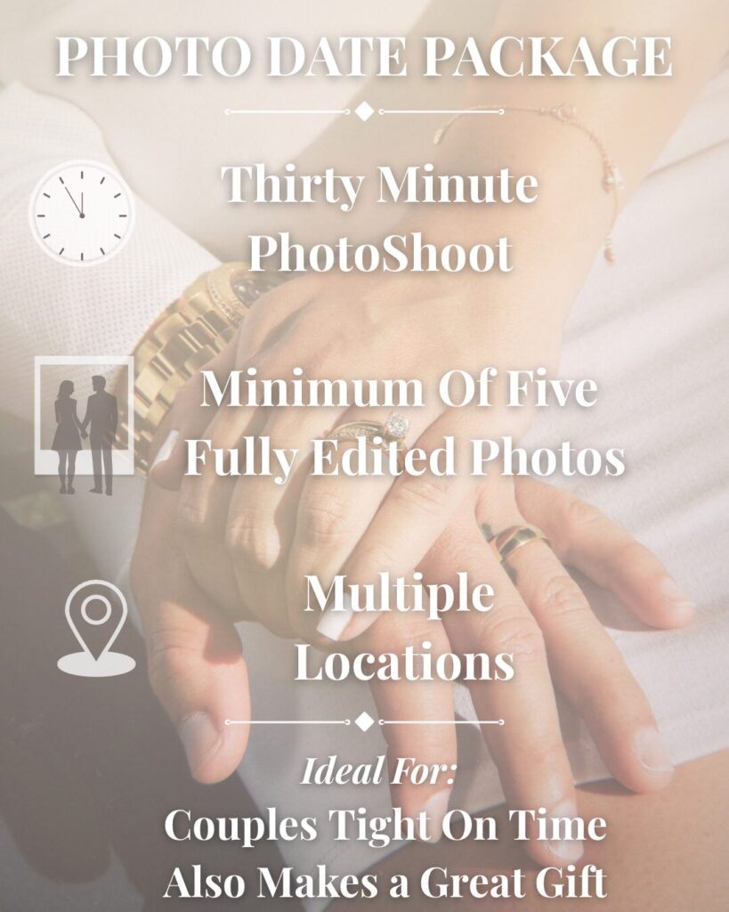 Photo Date Package includes a a 30 minute photoshoot, minimum of 5 fully edited photos. Ideal for couples tight on time & also make a a great gift.