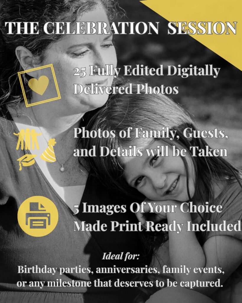 Promotional image for “The Celebration Session,” featuring a woman and child embracing, with details about event and milestone photo packages.