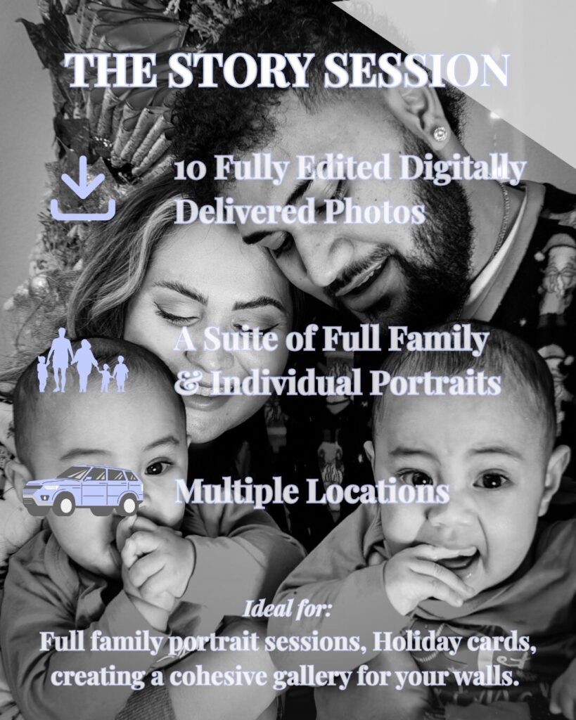 Promotional image for “The Story Session,” featuring smiling parents holding twin babies, with details for a full family photo package.