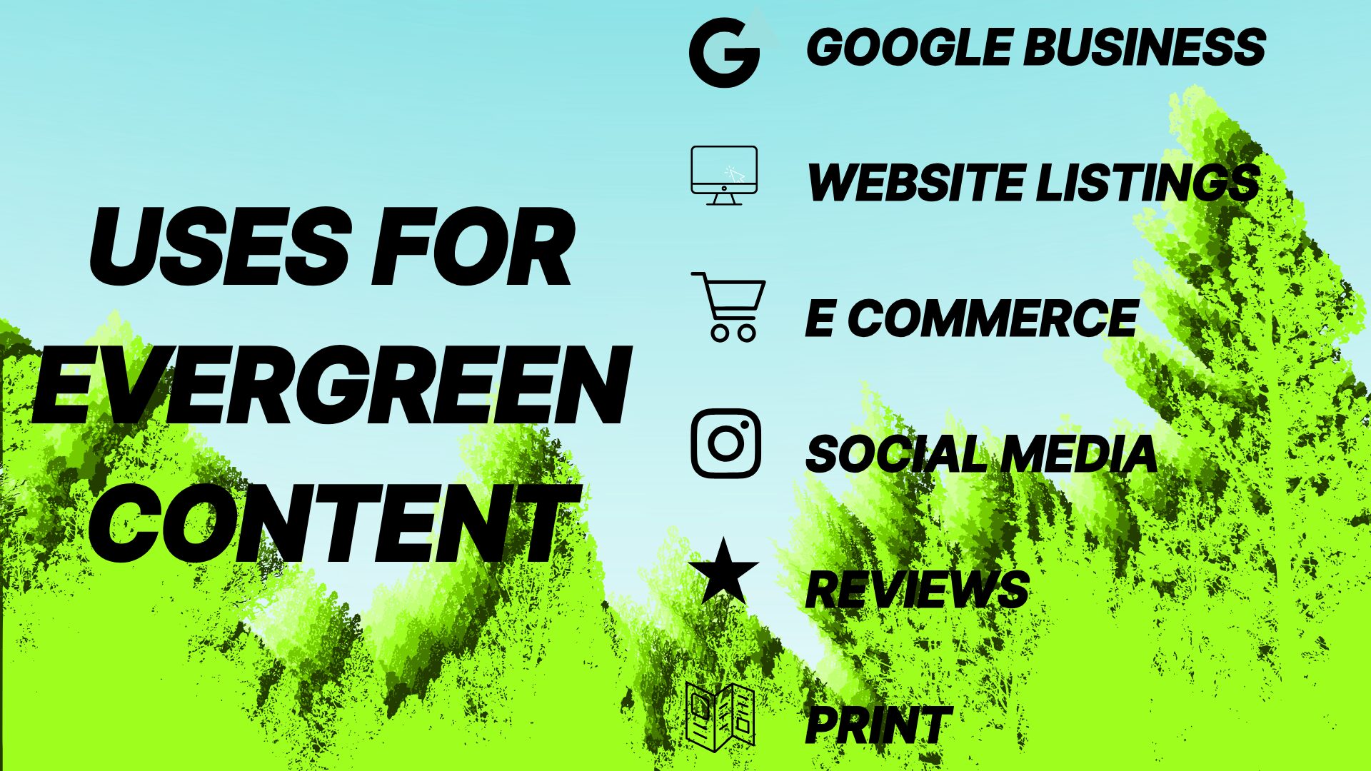 An infographic listing several use cases of photos as evergreen content. List includes google business, websites, e commerce, social media, reviews, and print.